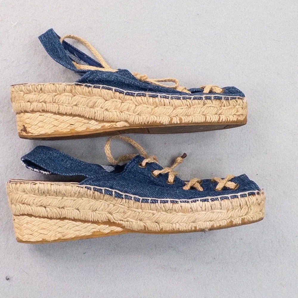 Vintage Nine West Denim Espadrille Platform Wedges Peep Toe Slingback Sandals